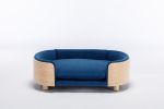 Scandinavian style Elevated Dog Bed Pet Sofa With Solid Wood legs and Bent Wood Back, Velvet Cushion,Mid Size,Dark Blue